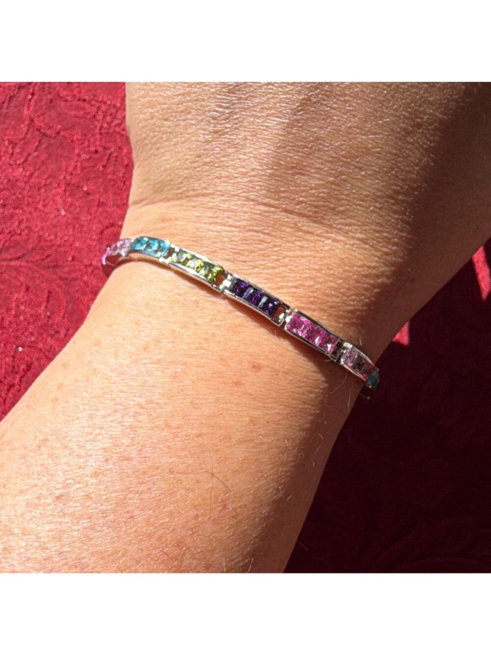 Vintage Sterling Silver Rainbow Gemstone Tennis Bracelet 8" 925 Amethyst Peridot